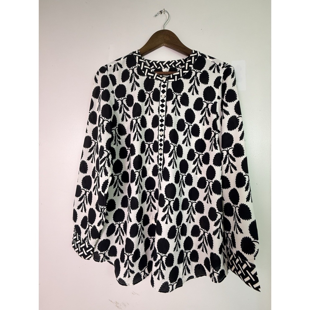 Talbots Blouse Large Black‎ White Floral Print Tunic Top Boho Cottagecore